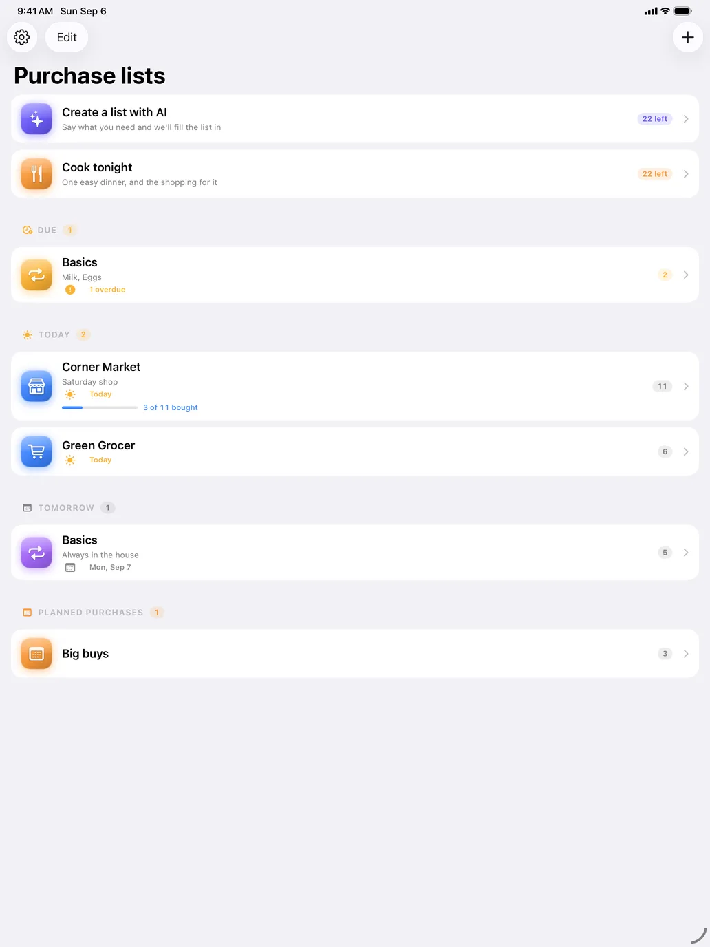 The lists screen on iPad, with a Today group and a Tomorrow group.