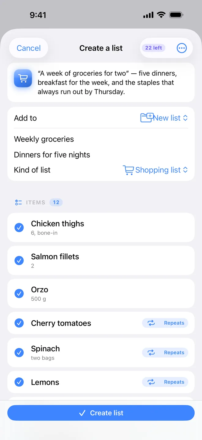 The compose preview on iPhone: the sentence at the top and the draft list it produced below.