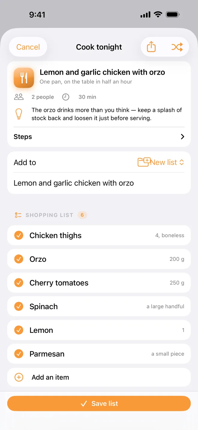 The Cook tonight preview on iPhone: a recipe card above the shopping list the recipe needs.