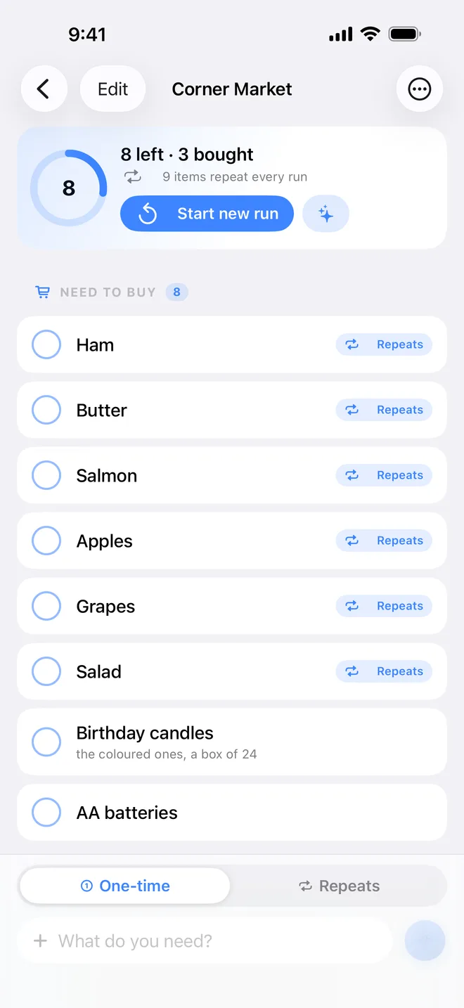 A list open on iPhone, showing a repeating item, a one-time item and one already ticked off.