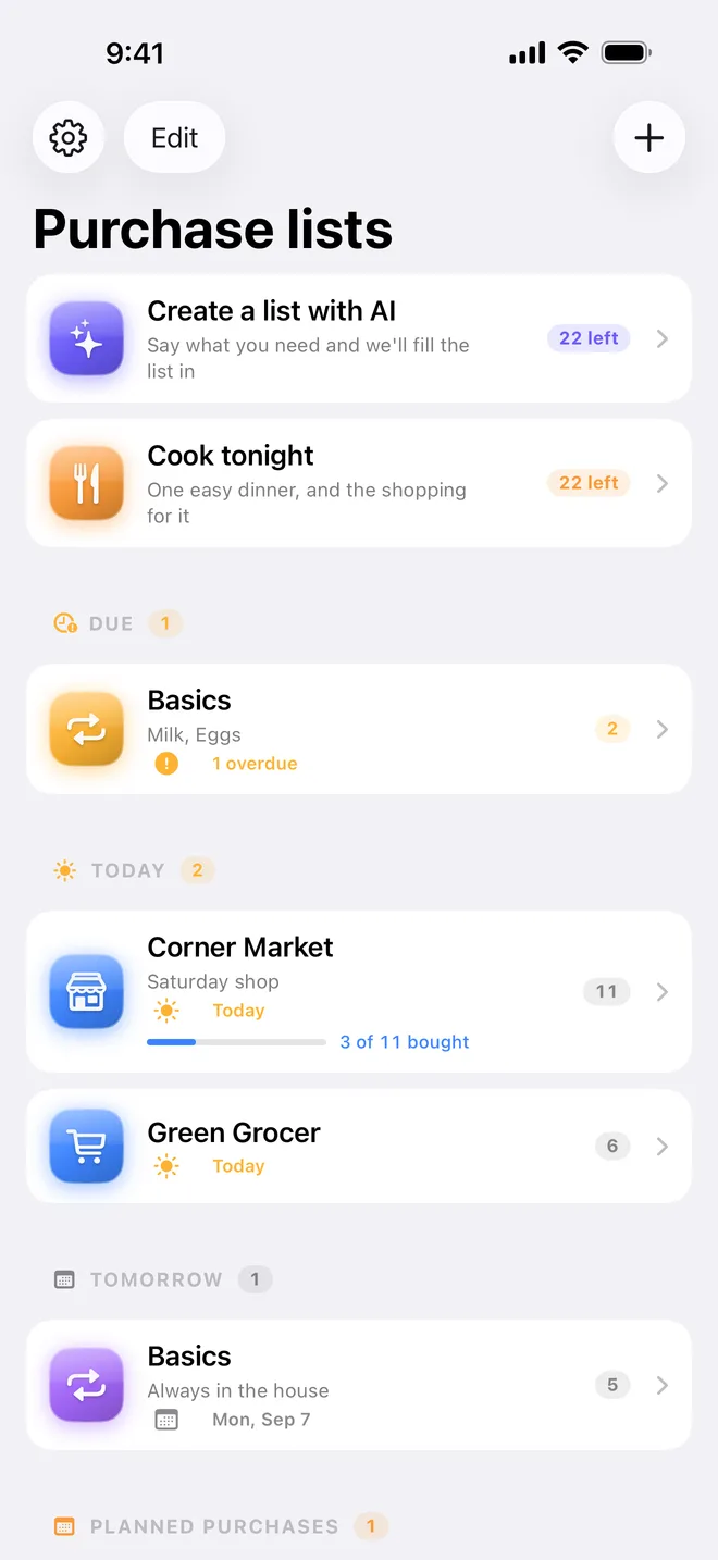 The lists screen on iPhone, with a Today group at the top and the shopping lists below it.